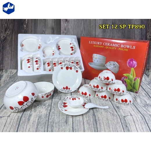 bộ bàn ăn 12 món - hoa văn quả dâu tây đỏ đẹp - TP890