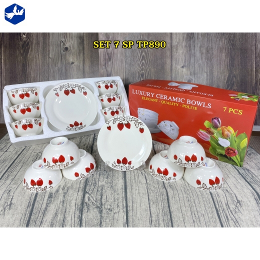 bộ bàn ăn 7 món - hoa văn quả dâu tây đỏ đẹp - TP890
