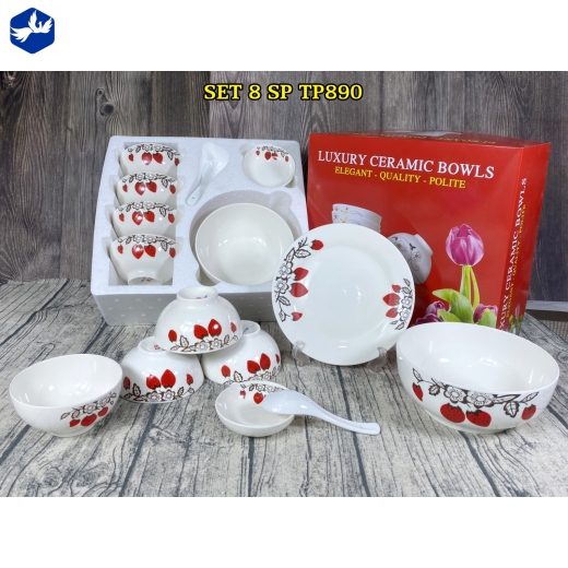bộ bàn ăn 8 món - hoa văn quả dâu tây đỏ đẹp - TP890