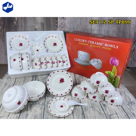 bộ bàn ăn 12 món - hoa văn hoa hồng nhung đẹp, đẳng cấp - TP899