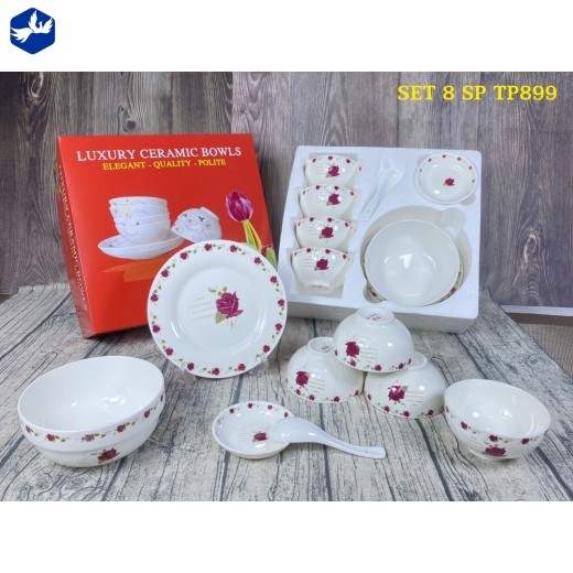 bộ bàn ăn 8 món - hoa văn hoa hồng nhung cao cấp - TP899