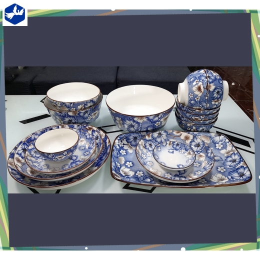 bộ bàn ăn 16 món - hoa văn 4d hoa xanh, hoa trắng đẹp - 4d105