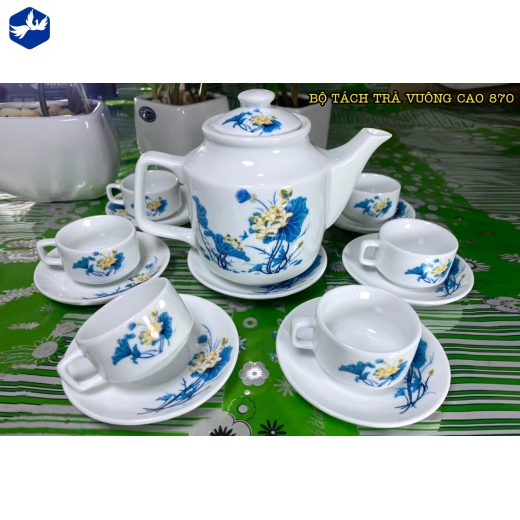 bộ tách trà vuông cao hoa văn đầm sen xanh / S1 -870