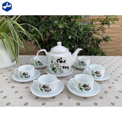 bộ tách trà vuông hoa văn thư pháp cha mẹ hiếu kính / S3
