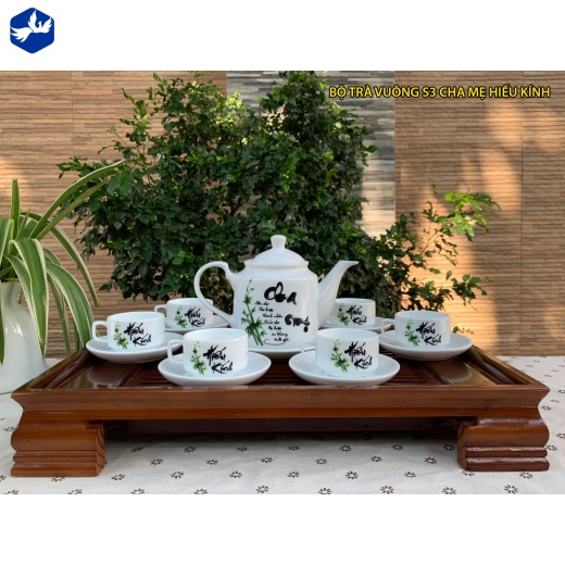 bộ tách trà vuông hoa văn thư pháp cha mẹ hiếu kính / S3