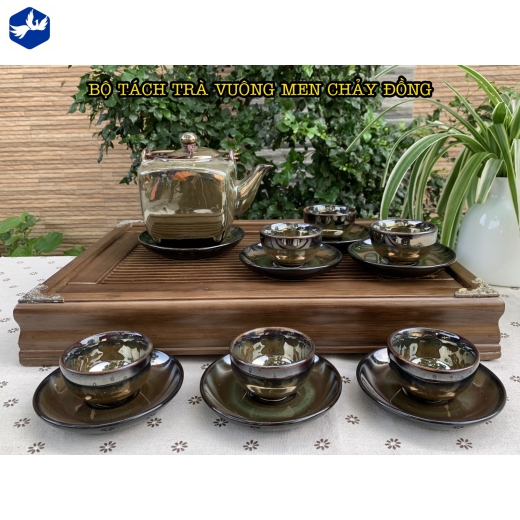 bộ ấm trà vuông men chảy đồng