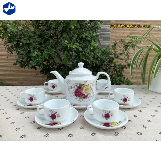 bộ tách trà vuông hoa văn HOA HỒNG ĐẸP / S3-001