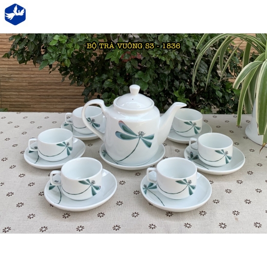 bộ tách trà vuông hoa văn con chuồn chuồn độc đáo / S3-1836