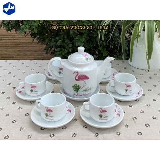 bộ tách trà vuông hoa văn chim hồng hạc đẹp / S3-1842