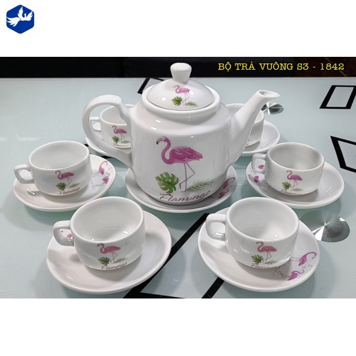 bộ tách trà vuông hoa văn chim hồng hạc đẹp / S3-1842