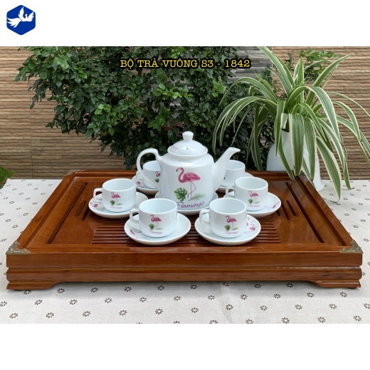 bộ tách trà vuông hoa văn chim hồng hạc đẹp / S3-1842