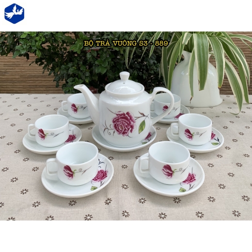 bộ tách trà vuông hoa văn hoa mẫu đơn hồng đẹp / S3-889
