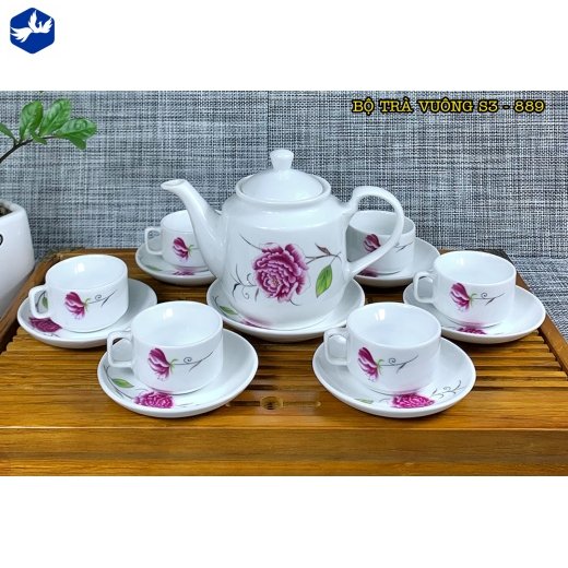 bộ tách trà vuông hoa văn hoa mẫu đơn hồng đẹp / S3-889