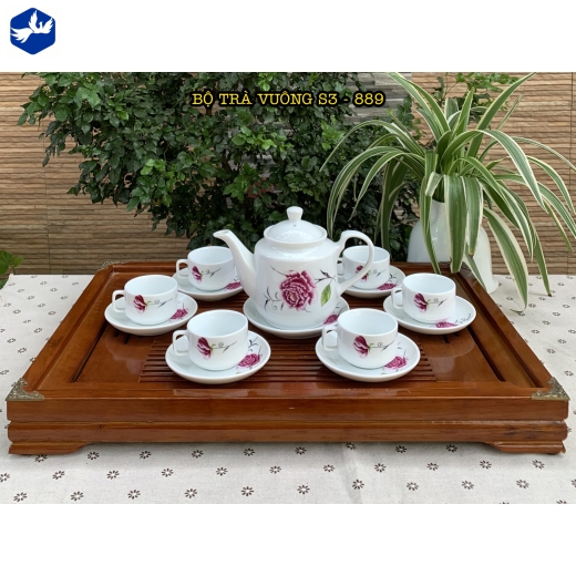 bộ tách trà vuông hoa văn hoa mẫu đơn hồng đẹp / S3-889