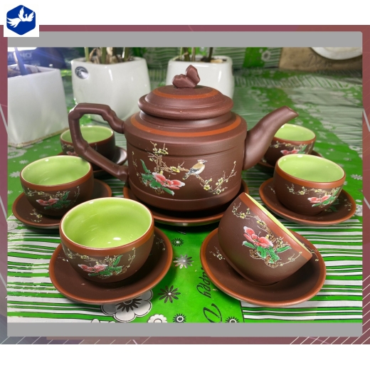 BỘ TÁCH TRÀ TỬ SA BÁT TRÀNG NGẤN TÍCH LỚN ĐẤT NÂU HOA