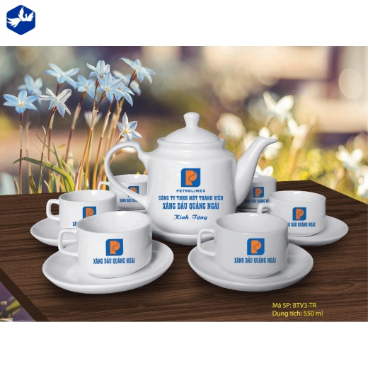 Bộ Ấm Trà kiểu dáng vuông men trắng cao cấp In Logo - 9