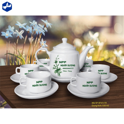 Bộ Ấm Trà kiểu dáng vuông men trắng cao cấp In Logo - 8