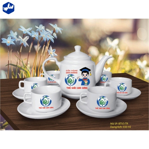 Bộ Ấm Trà kiểu dáng vuông men trắng cao cấp In Logo - 1