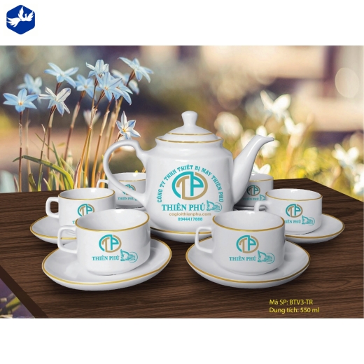 Bộ Tách Trà Vuông In Logo Viền Mạ Vàng
