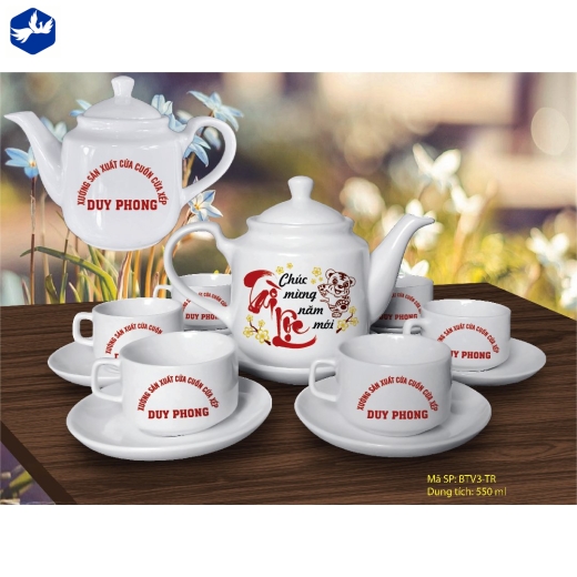 Bộ Ấm Trà kiểu dáng vuông men trắng cao cấp In Logo - 6