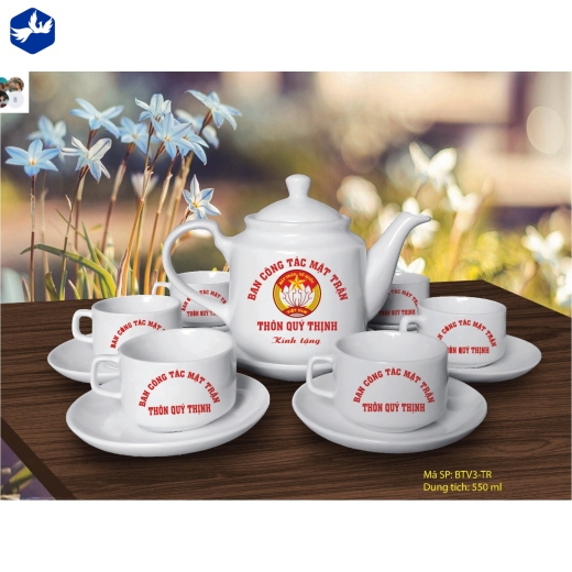 Bộ Ấm Trà kiểu dáng vuông men trắng cao cấp In Logo - 4