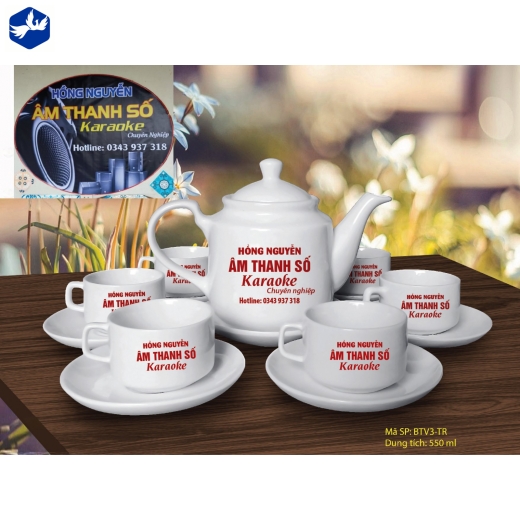 Bộ Ấm Trà kiểu dáng vuông men trắng cao cấp In Logo - 10