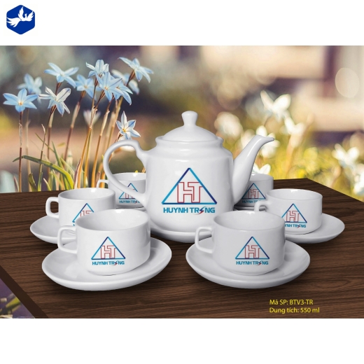 Bộ Ấm Trà kiểu dáng vuông men trắng cao cấp In Logo - 5