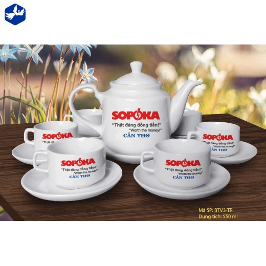 Bộ Ấm Trà kiểu dáng vuông men trắng cao cấp In Logo - 2