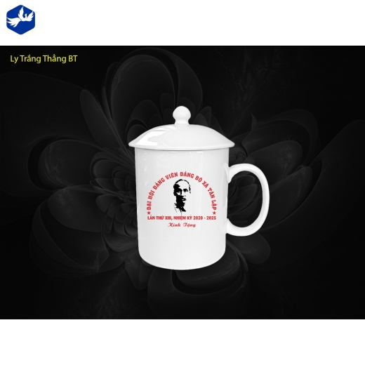 Ly Bát Tràng Sứ Trắng Có Nắp In Logo