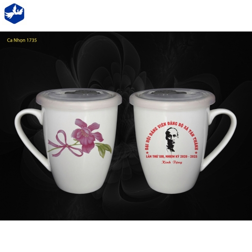 Ly Sứ Trắng Có Nắp Nhựa In Logo