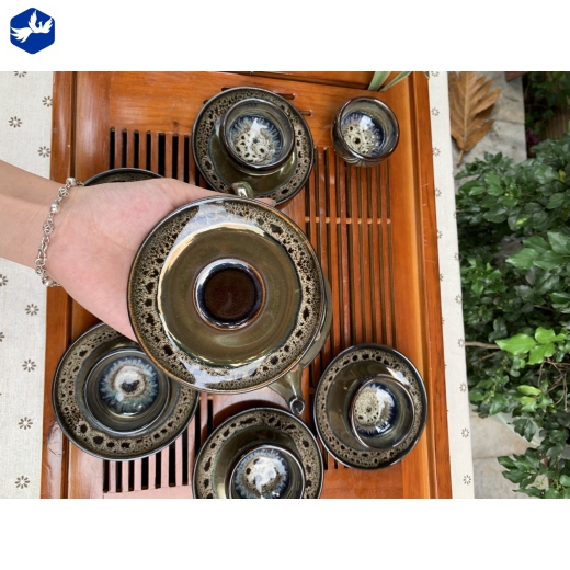 Bộ tách trà vung trúc men chảy đồng 