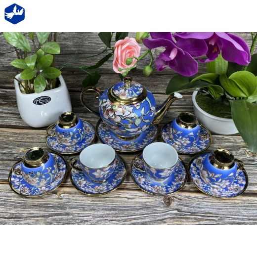 bộ tách trà nhủ vàng ánh kim hoa văn xanh đẹp độc đáo/ 100