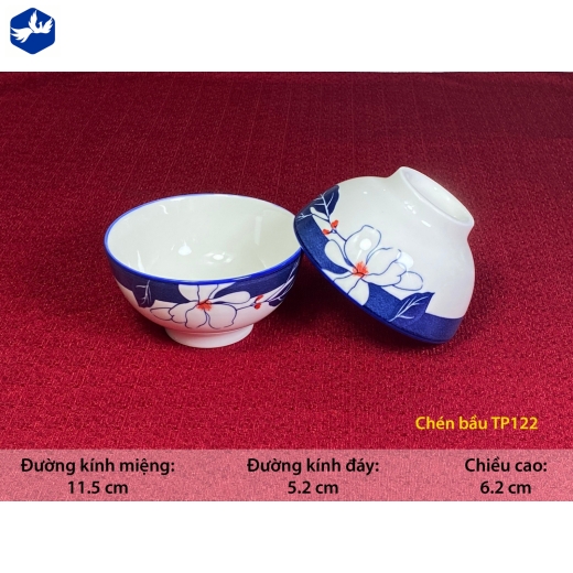 bát cơm - họa văn bông hoa trắng viền miệng xanh đậm đẹp - TP122